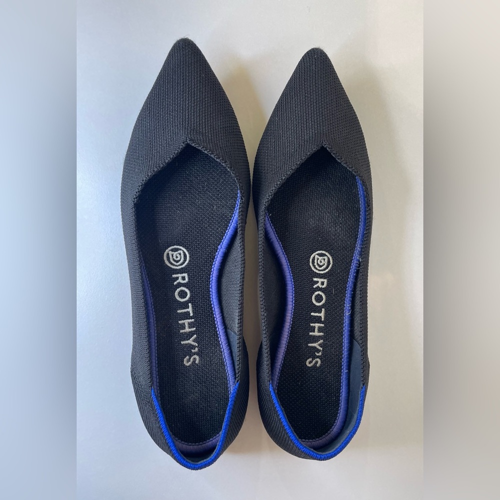 Rothy's Women’s Pointed Knit Flats in Black with‎ Blue Trim Shoes Size 7.5